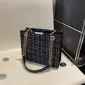 Classic dark tweed checkered tote bag with golden metal chain strap and leather padding - Small Grid Black