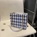 Classic black and white tweed checkerboard tote bag with gold chain and leather straps - White Grid