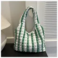Chic green and white striped bubble puff tote bag with 3D popcorn texture - Green and White Striped