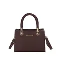 Dark brown faux crocodile texture square handbag with woven handles and gold hardware - Brown
