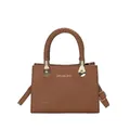 Chic brown crocodile pattern handbag with round woven handles and gold hardware - Brown