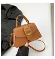 Brown leather square handbag with large gold metal buckle and adjustable strap - Brown