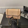 Chic beige square crossbody bag with gold chain strap and oval metal buckle - Khaki