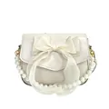Elegant cream white mini flap bag featuring a large tulle bow and faux pearl handle strap - Khaki