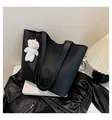 Minimalist black lychee pattern leather tote bag with a white plush bear pendant decor - With Pendant / Black
