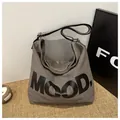 Casual grey canvas shoulder bag with MOOD lettering and adjustable strap for women - Gray