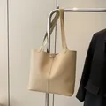 Minimalist cream beige leather tote bag with litchi texture and long shoulder straps - No Pendant / Khaki