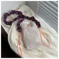 Corduroy mini crossbody phone bag in beige with contrast purple pleated shoulder strap - Khaki