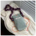 Contrast color corduroy phone bag in light green with purple pleated shoulder strap - Light Green