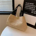 Large woven straw tote bag with black canvas handles for summer beach and commute - Black Straps(5979952362092) / Khaki