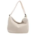 Beige corduroy hobo crescent bag with matching wide strap and round coin purse charm - White