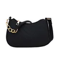 Minimalist black felt crescent underarm bag with V-quilted pattern and gold chain - Black