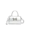 Silberne Mini-Quadrat-Tasche mit Metallic-Schleife und abnehmbarem Schultergurt - Silber