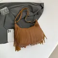 Sac cabas vintage en cuir marron avec franges et bandoulière pour femme - Marron