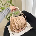 Elegante bolso de mano plisado beige con asa grande de perlas y correa de hombro ajustable - Caqui