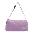 Quilted violet crossbody bag with adjustable strap and fashion label on purple satin - Purple