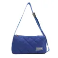 Royal blue quilted crossbody bag with adjustable strap and fashion label on a white background - Blue