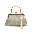 Green vintage floral embroidery handbag with gold metal handle and tassel charm - Green