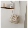 Beige woven straw bucket bag with daisy embroidery and drawstring closure - Flower White