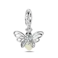 Intricate silver butterfly charm with hollow wing patterns and white heart pendant - Butterfly With Heart Bead