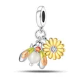 Luminous silver bee and sunflower charm with orange wings and pearl body for bracelets - Bee and Sunflower