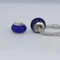 Detail of dark blue glass charm bead with white polka dots and S925 silver core on snake chain - Deep Blue (HZ-06)