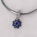 Blue enamel flower charm pendant with sparkling crystals on silver bracelet base - Dark Blue