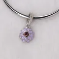 Purple enamel flower charm with red gemstone and silver textured ring for bracelets - Lavender