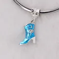 Blue enamel boot charm with crystal accents on a silver bracelet with white fur background - Sky Blue