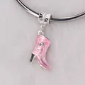 Close-up of pink enamel boot charm with embossed texture and sparkling crystal accent - Pink
