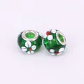 Macro detail of green floral lampwork glass beads with silver metal core for DIY bracelets - 15x10mm / Dark Green