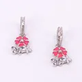 Pink enamel cherry blossom pendants with clear crystals and silver alloy base - Hot Pink