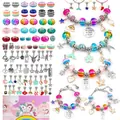 DIY colorful glass bead bracelet set for kids featuring unicorn charms and pink storage box - 1.75cm Box Height
