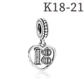 Silver heart charm pendant with rhinestones and number 18 for milestone bracelet - 18th Anniversary Style (K18-21)