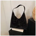 Fashionable black tote bag with bamboo texture velvet fabric and faux leather handle - Black