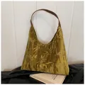 Olive green velvet tote bag with bamboo leaf pattern and slim brown straps - Green