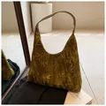 Retro moss green velvet hobo shoulder bag with tropical leaf embossing and brown straps - Brown