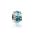 Silver flower charm bead with cyan blue crystal stone inlay for DIY bracelets - 121-3 Lake Blue