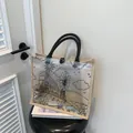 Transparent PVC tote bag with linen splicing and black circular handles in a pastoral style - Khaki Style 2 (Pastoral Landscape)
