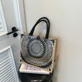 Chic jute tote bag with transparent PVC window and black mandala pattern detail - Khaki Style 3 (Mandala Pattern)