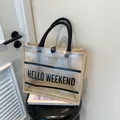 Transparent PVC and canvas tote bag with black rope handles and HELLO WEEKEND print - Khaki Style 5 (HELLO WEEKEND)