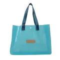 Chic blue semi-transparent jelly tote bag with fabric handles and snap button closure - Blue