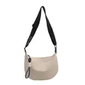 Borsa a tracolla beige a mezzaluna con ampia tracolla nera regolabile e scritte - Bianco