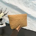 Quilted khaki clutch bag with 3D floral embroidery pattern for women's cosmetics - Khaki