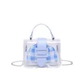Transparante PVC handtas met lichtblauwe lederen rand en blauw geblokte binnenzak - Blauw