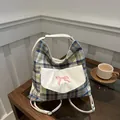 Plaid canvas convertible backpack with blue and yellow checks and pink bow embroidery - Green