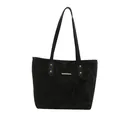 Elegant black marble textured tote bag with golden accents and long shoulder straps - Black