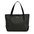 Bolso tote de lona con lunares blancos, asas de cuero y adorno de lazo plateado - Lazo