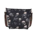 Dark blue tote bag with skull and floral print featuring a wide geometric shoulder strap - Blue
