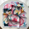 Artistic oil painting floral silk scarf detail with vibrant watercolor flower prints - Light Gray